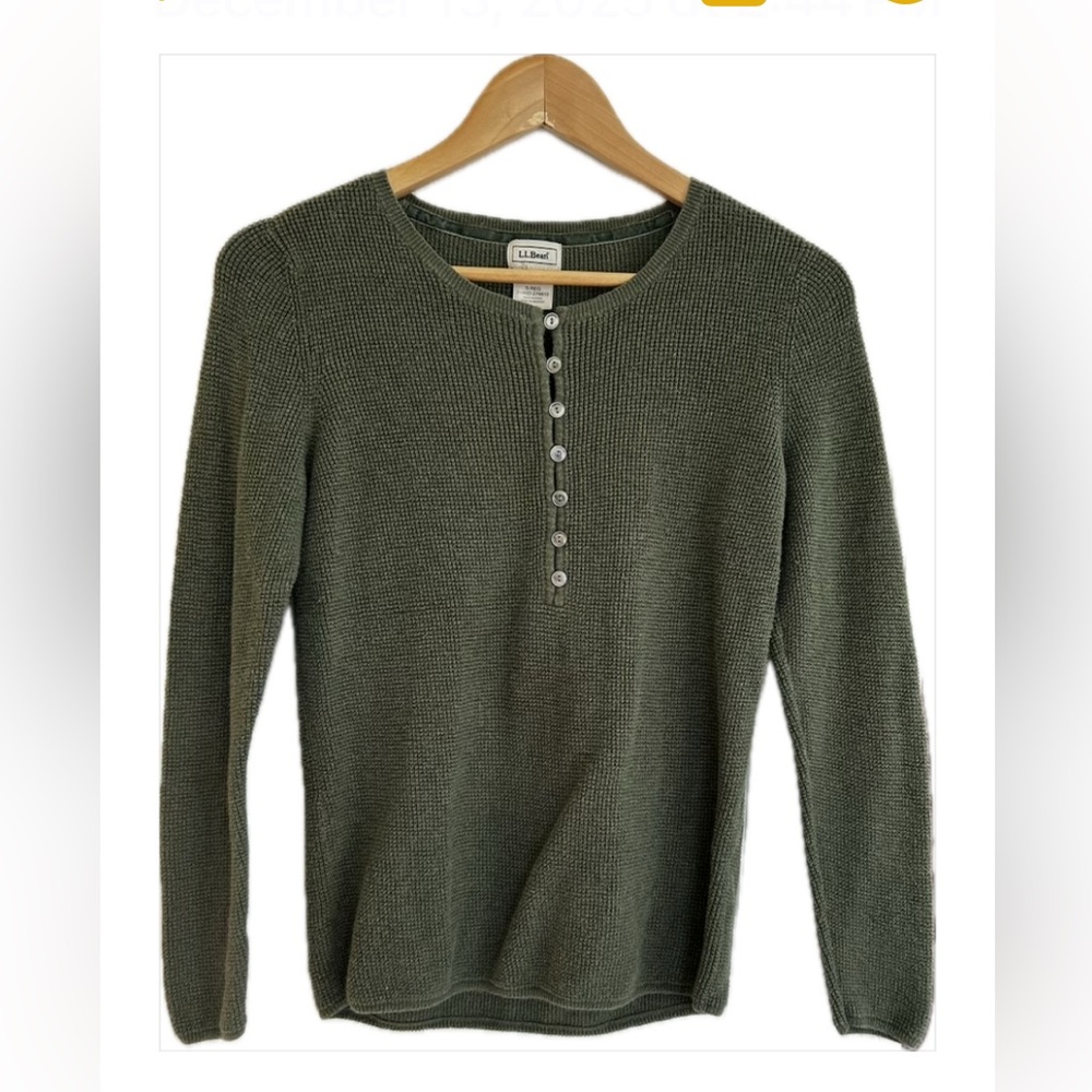 L.L. Bean Olive Green Buttoned Crewneck Sweater